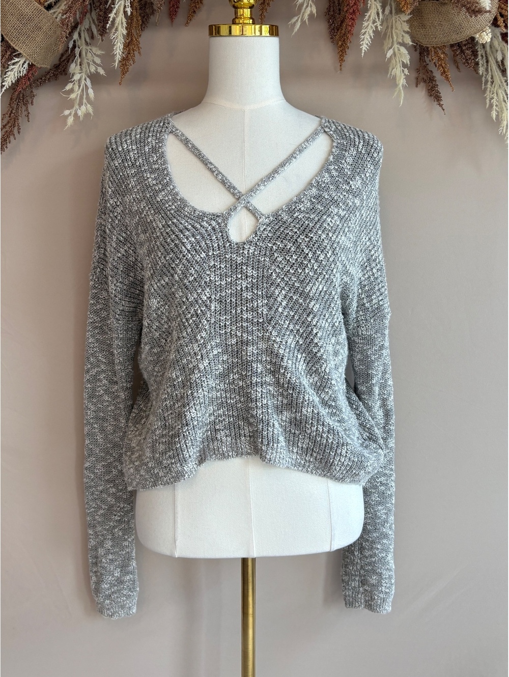 Express Women's Gray Knit Sweater with Crisscross V-Neck, Size XS